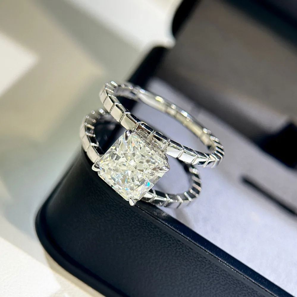 

100% стерлинговое серебро 925 пробы, квадратное двухслойное кольцо с одним цирконом для женщин, ювелирные изделия