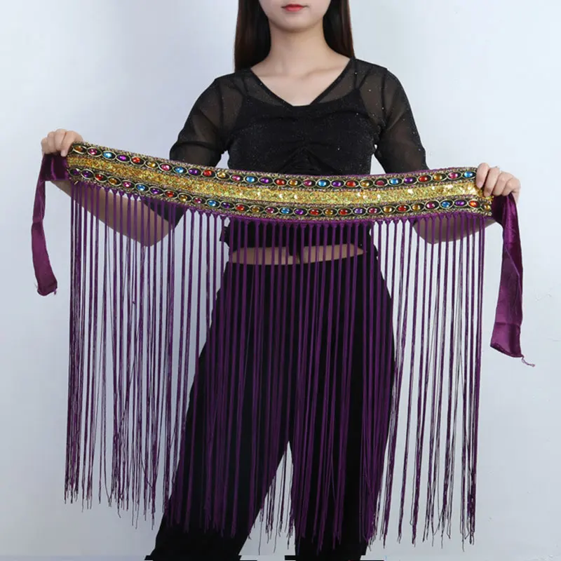 Women Sparkly Beaded Tassel Belly Dance Hip Scarf Long Lesson Wear Skirt Waist Belt Wrap Rave Outfit Stage Costume Clothes Suit