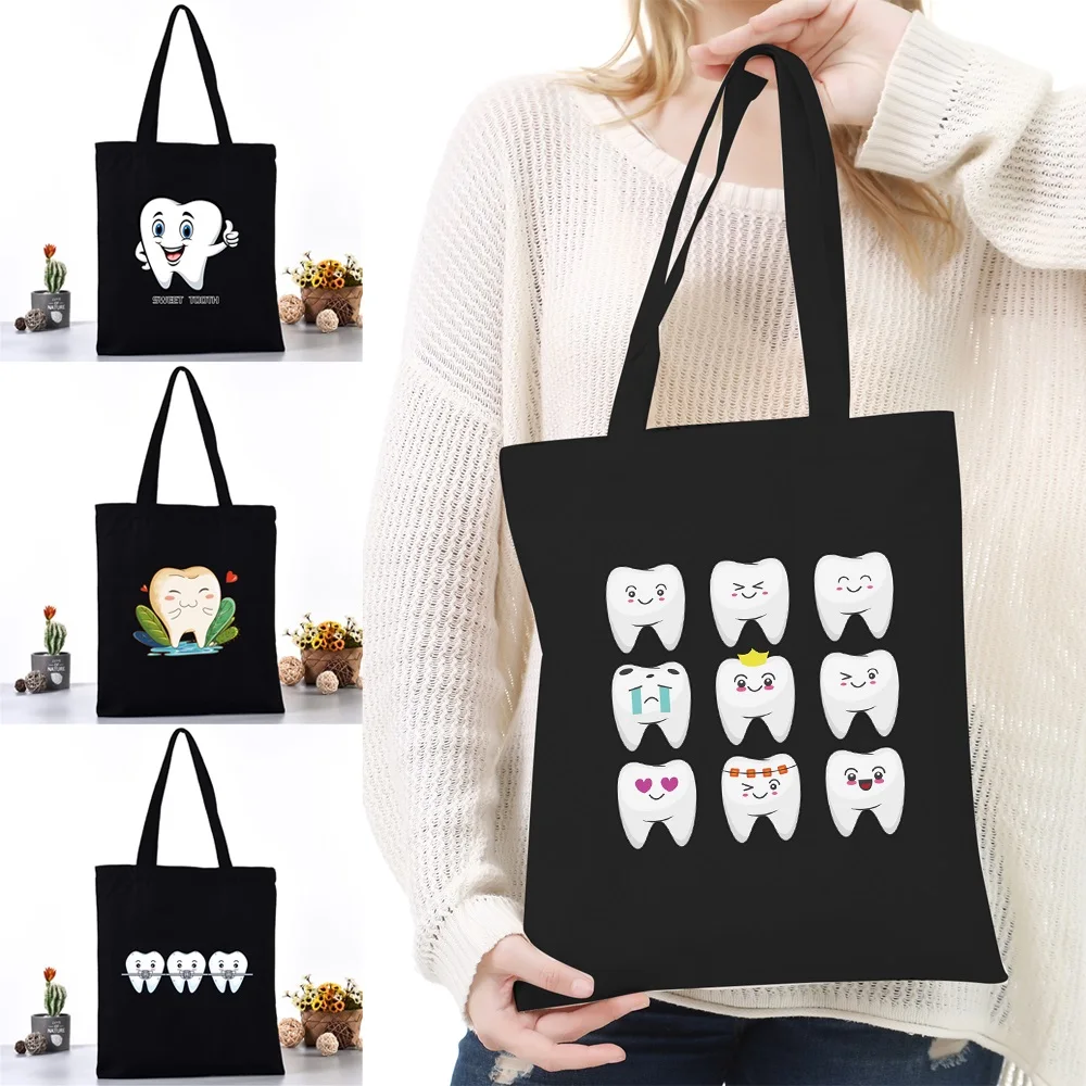 

Canvas Shoulder Bag Women's Reusable Shopping Bags Ladies Fashion Handbags Storage Bag Teeth Printing Casual Tote for Girls