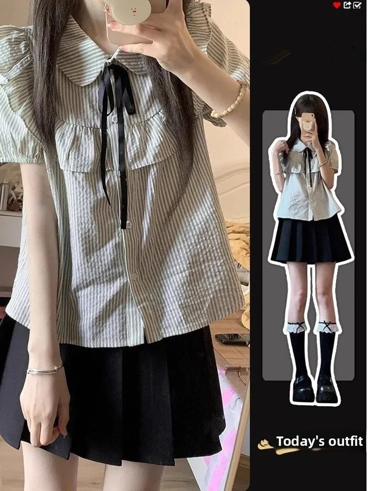 

Cute Doll Collar Striped Bubble Sleeve Shirt Pleated Skirt Two Piece Set Japanese Style Fashion College Windbreaker Women's O...