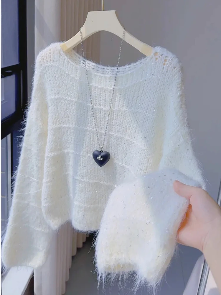 

iny Sequin Hollow out Knitted Sweater Loose Women's Sle Soft Cozy Autumn Winter New Korean Lazy Faion Slimming Sweater