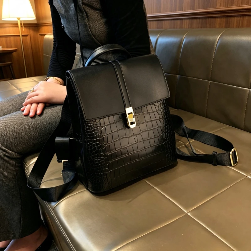 British Retro Women Backpack 2026 Trend Croc Embossed Leather Light Commuter Backpack Ladies Fashion Work Travel Casual Daypack