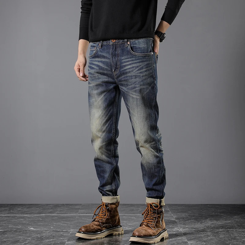 Męskie jeansy ze ściętym denimem, slim fit, prosta nogawka, 99% bawełna, luźny krój w stylu retro, jesień 2025. |   Wszechstronne spodnie w stylu vintage