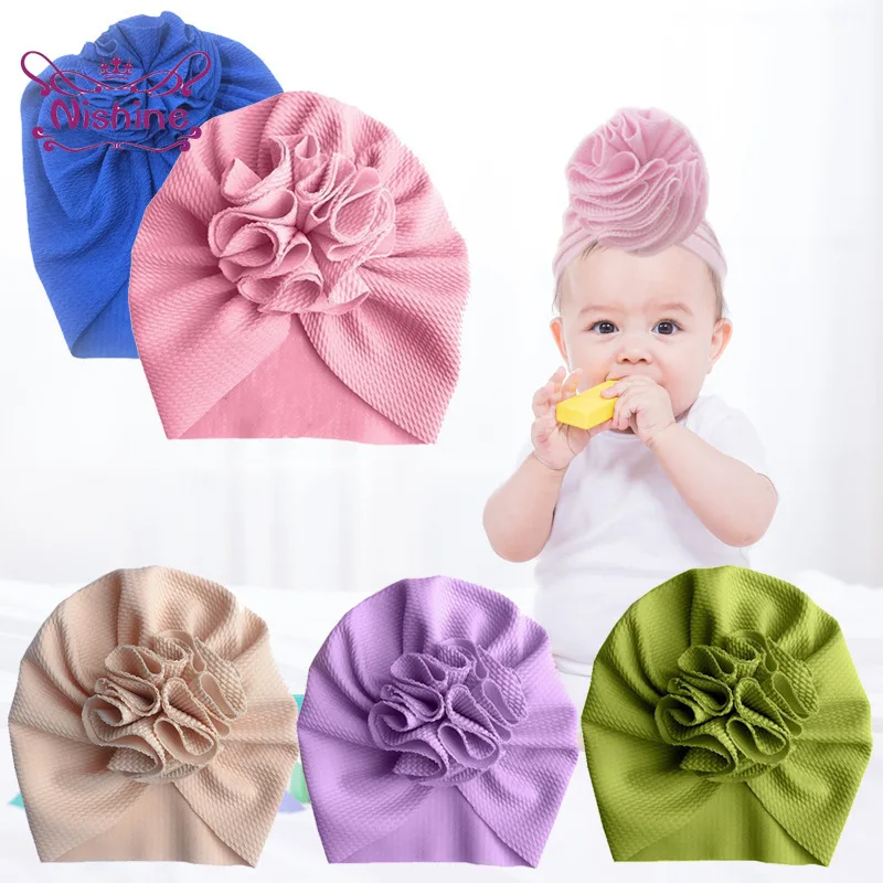 1PCS Solid Nursery Hospital Turban Hat Cap Beanie Bonnet with Big Flower for Baby Girls Toddlers Newborns Infants Headwear