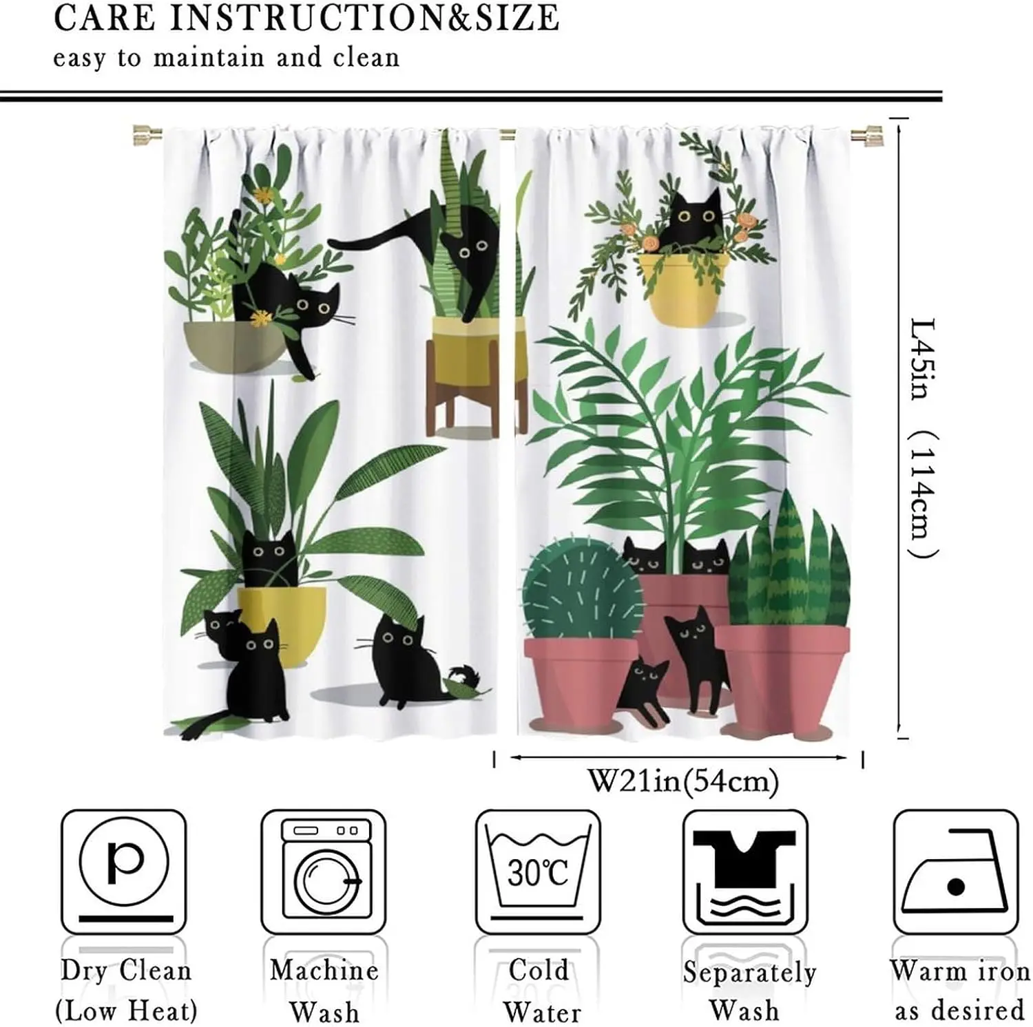 Boho Cute Cartoon Curtains, Black Cats Between Various Potted Green Plants, Blackout Thermal Insulation Rod Pocket Window