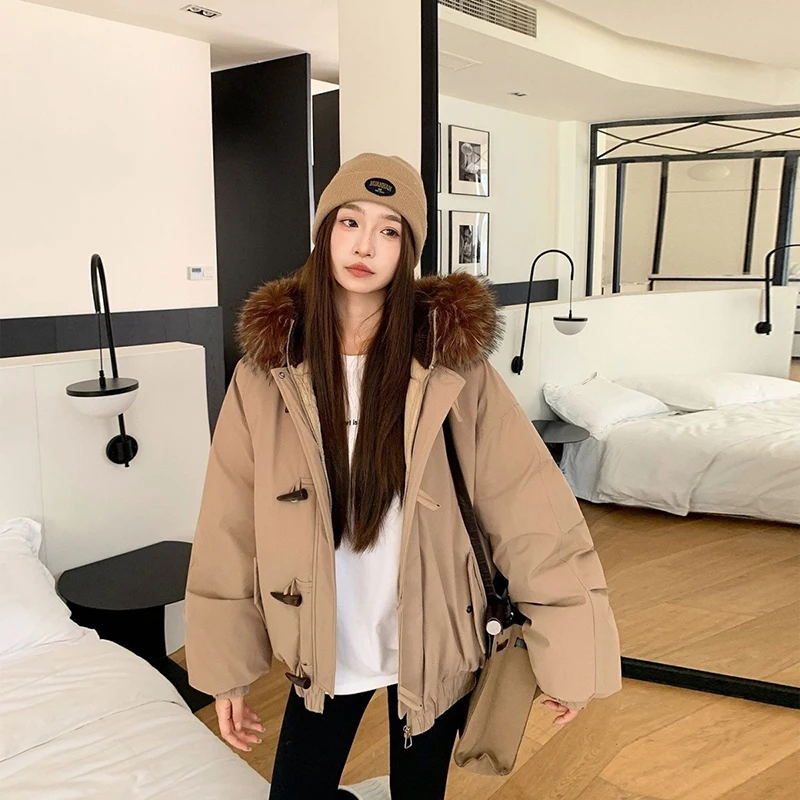 Cozy Warm Women Toggle Coat Padded Faux Fur Hood Parka Fleece Lined Zip Up Long Sleeve Winter Streetwear Y2K Outerwear Jacket