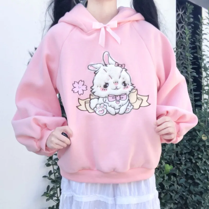 Jesienna kreskówka śliczna japońska Lolita dziewczęce różowe bluzy z kapturem Kawaii Sakura królik futrzane haftowana bluza pulower w stylu Harajuku topy