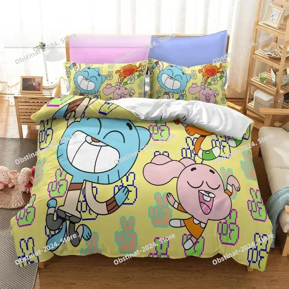 3D Anime Amazing World Gumball Bedding Set Darwin Anais Printed Comforter Quilt Duvet Cover Pillow Case 3 Pieces Kids Adult Size