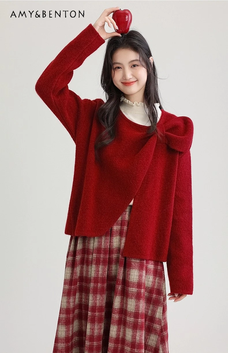 

2025 Autumn Winter Red Bow Round Neck Thickened Sweater for Women Loose Casual Design Sense Warm Pink Knitted Top
