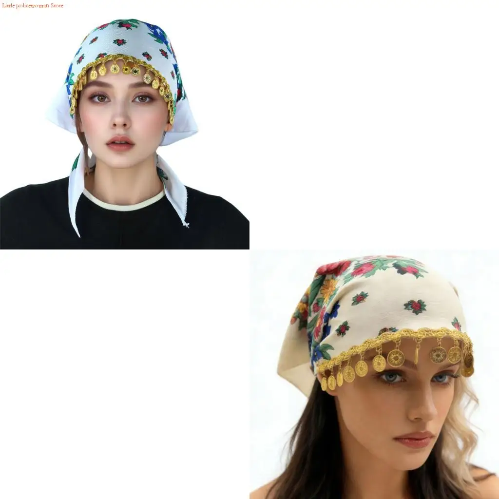 F92D Ethnic HeadWrap Handcrafts Bohemian Gold Tassels Triangular Headscarf for Women