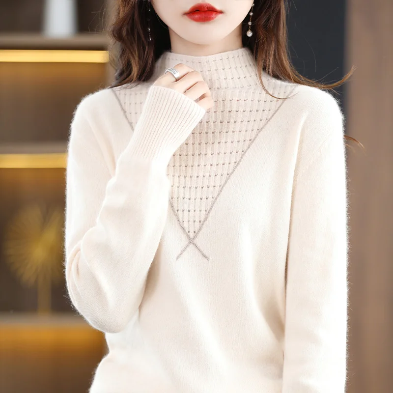 Autumn and Winter New Cashmere Sweater Women's 100 Wool Half High Neck Solid Color Soft Sticky Versatile Base Knitted Sweater