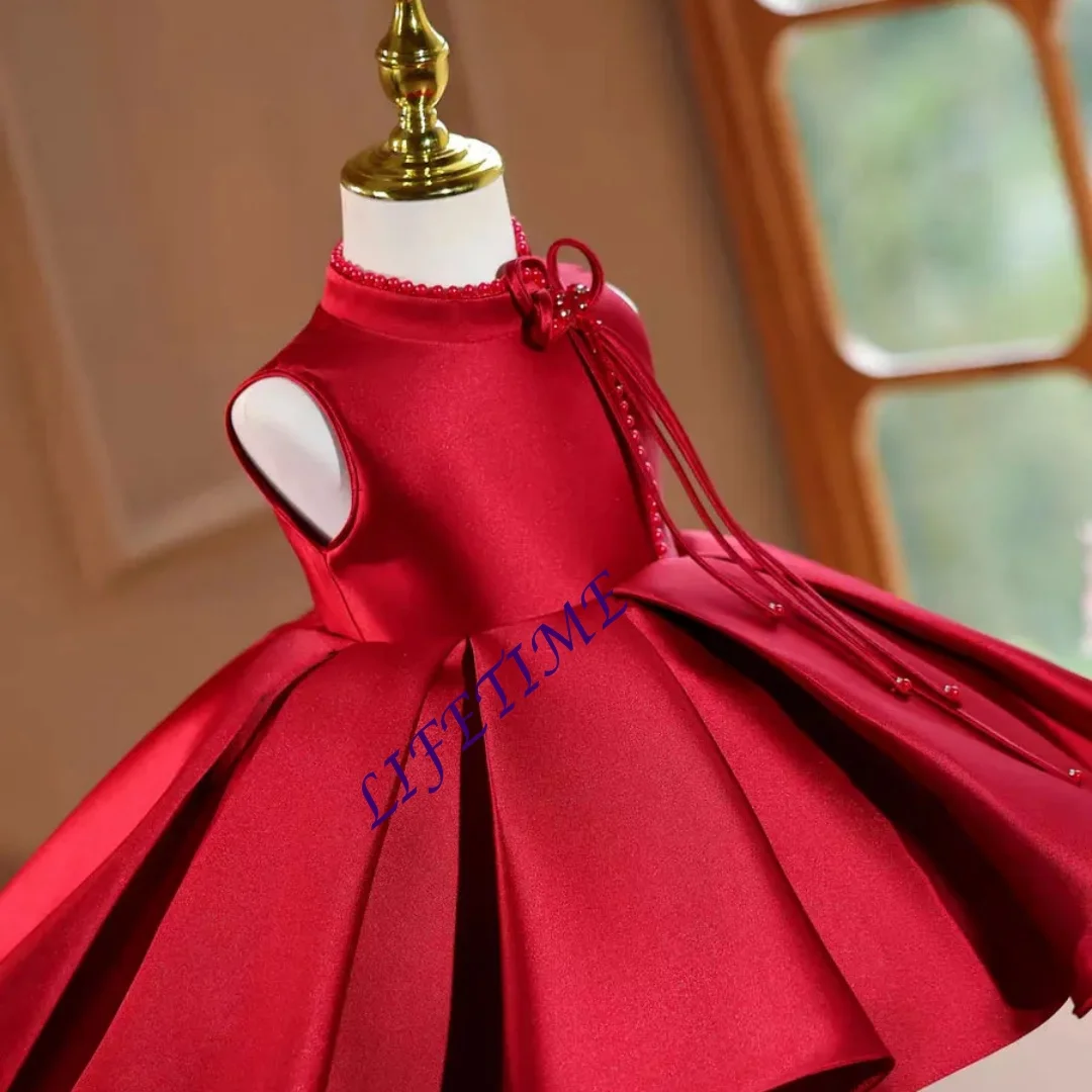 Maßgeschneidertes weißes Blumenmädchenkleid aus Satin mit Perlen, knielang, Prinzessin, Baby, Hochzeit, 1. Geburtstag, Party, Festzug, Festival