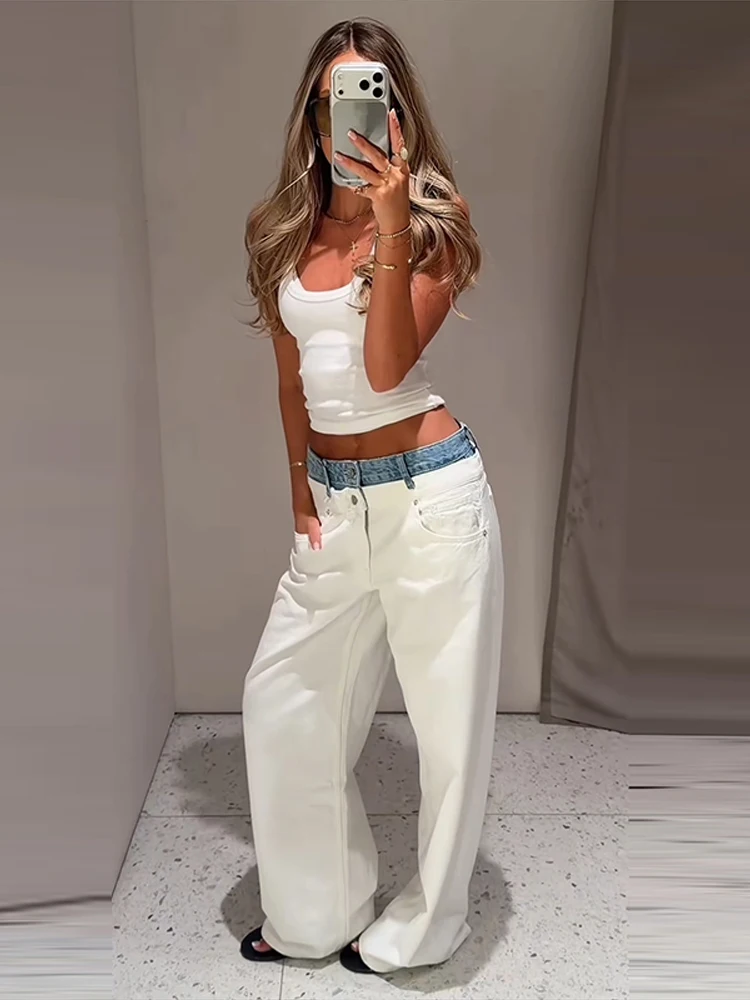 Contrast Denim Pants Women Midi Waist Wide Legs Straight Casual Jeans Female 2026 Autumn Winter New Chic Fashion Soft Streetwear