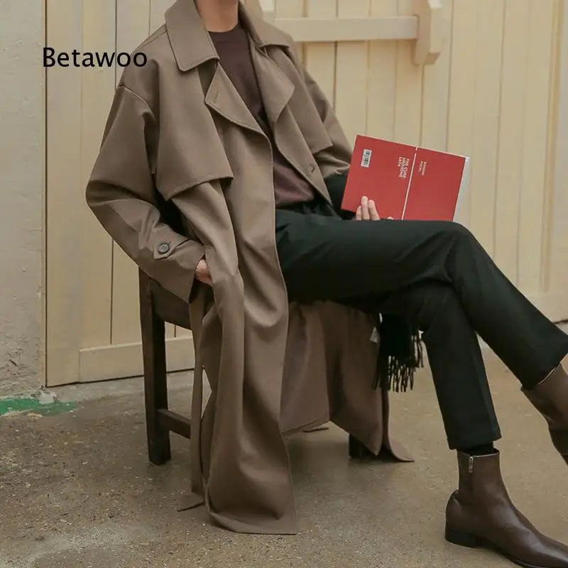 Mens Mid Length Loose Fit Double Breasted Trench Coat Korean Style Outerwear Handsome Jacket For Autumn Daily Street Outfit
