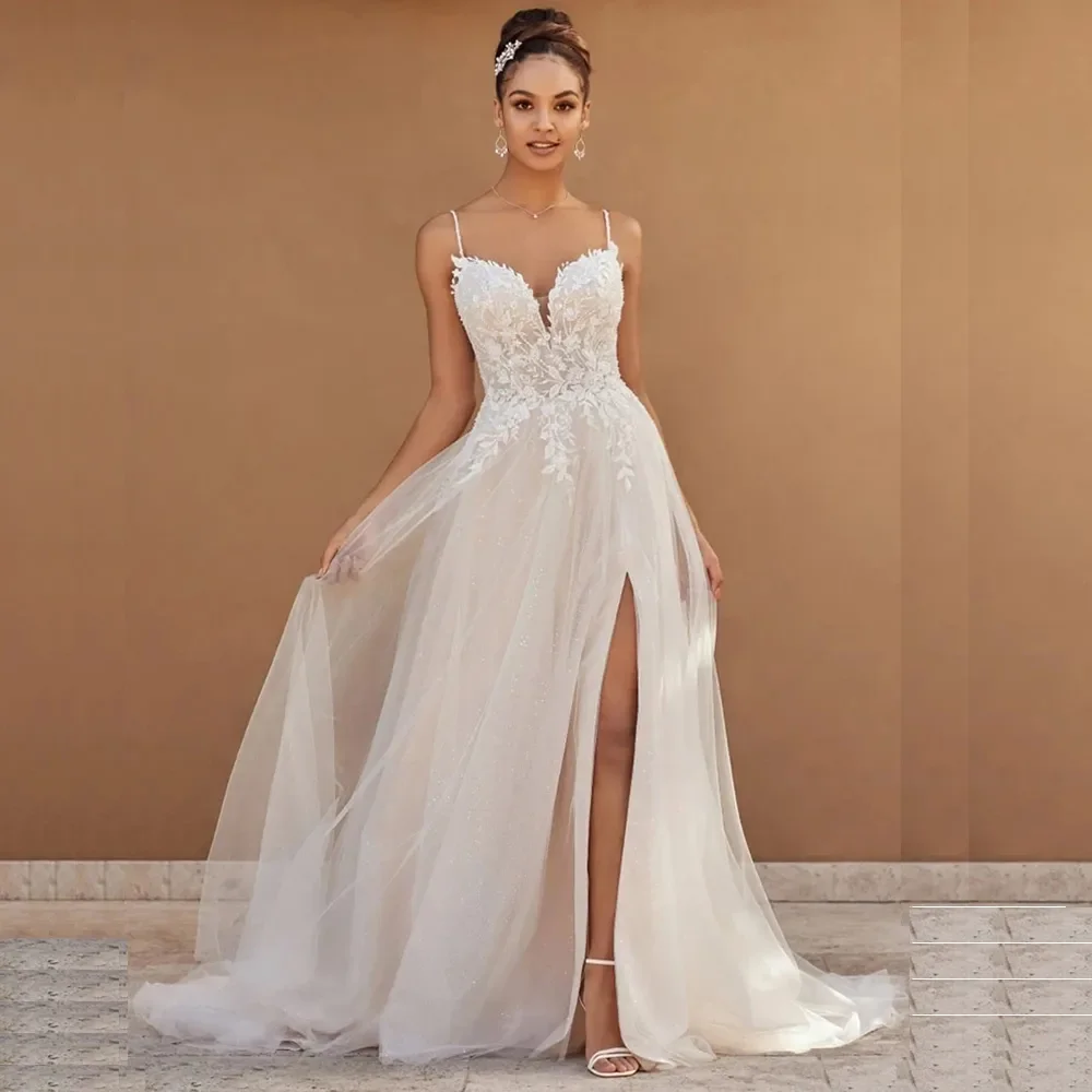 Chic Boho A-line tulle beach Wedding dress Italian Skinny strap sexy V-neck split backless decal Beach Bridal dress 2024