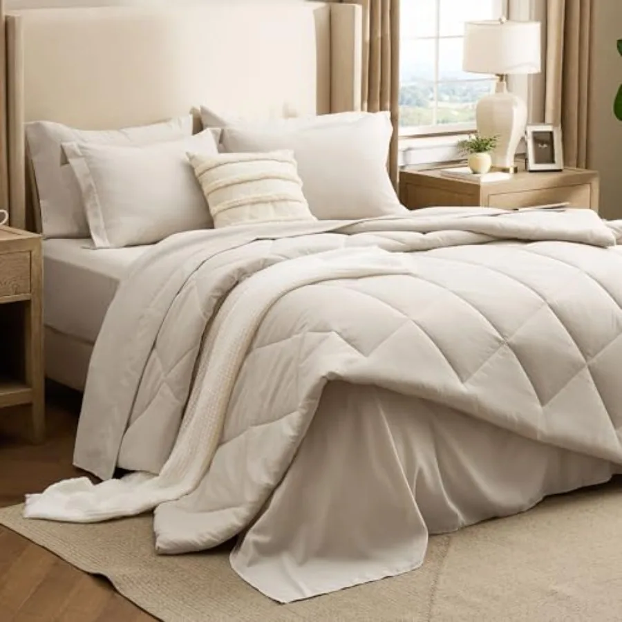 

7 Pieces Comforter Set Premium Series Hotel Luxury Soft Bed in a Bag Goose Down Alternative Safe for Sensitive Skin Bedding Com