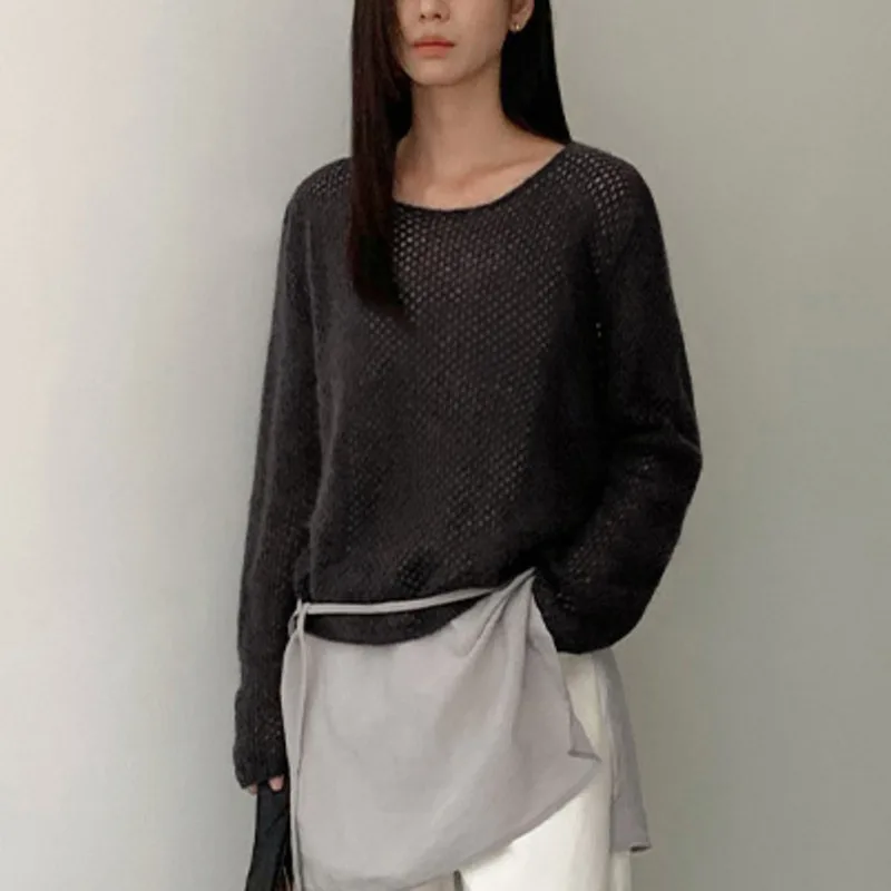 HKSH Autunno Nuove Donne T-Shirt Scava Fuori O-Collo Pullover A Maniche Lunghe di Colore Solido Lavorato A Maglia Allentato Elegante High Street Magliette E Camicette HK11748