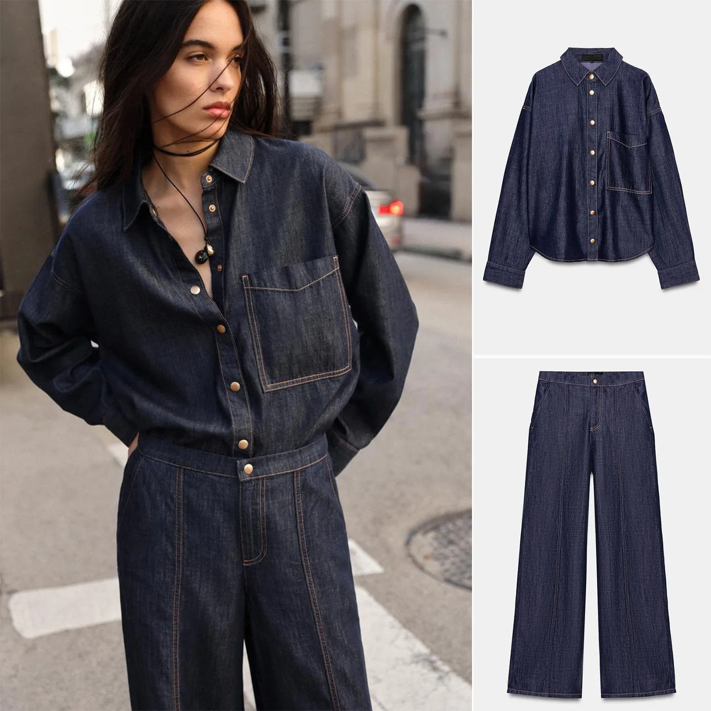 

Loose Long Sleeve Collared Denim Shirt High Waist Wide Leg Slow Run Jeans Women's Fashion Spring Season Pure Color Polyester ...