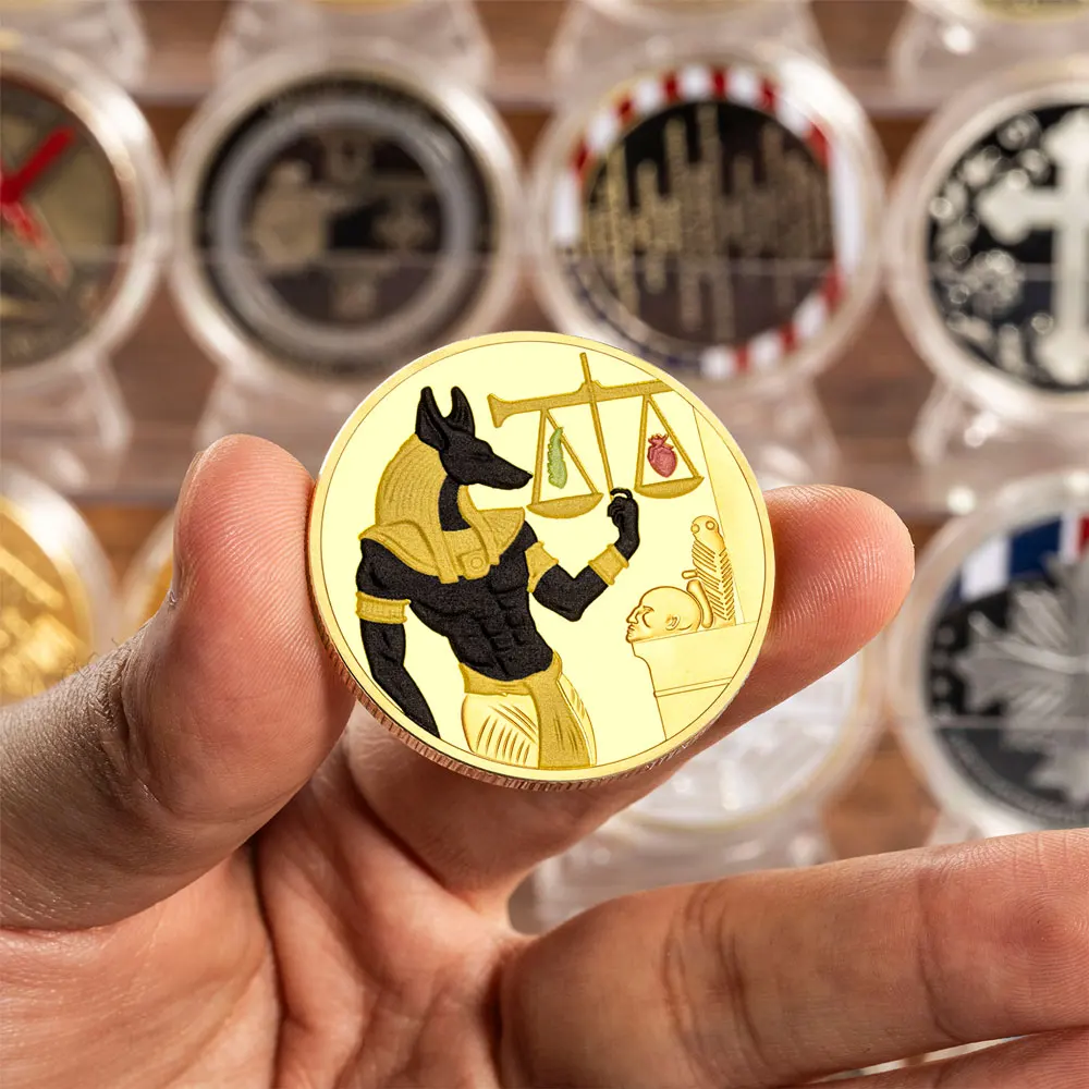 Ancient Egyptian Pharaohs Colorful Golden Plated Collectible Coin Dog Head Death Anubis Libra Commemorative Hound Coins