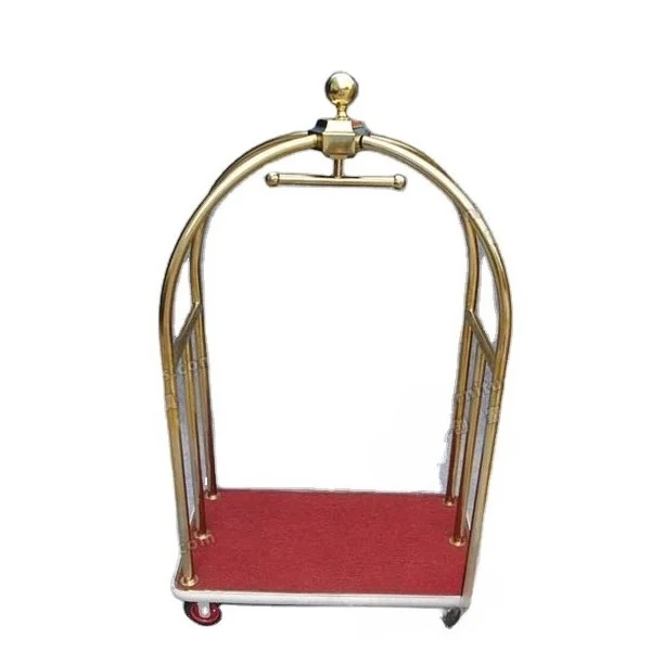 Custom Best Four Wheels Birdcase Luggage Trolley for Hotels Golden Plated Hotel Bell Boy Luggage Trolley Hotel Serving Carts