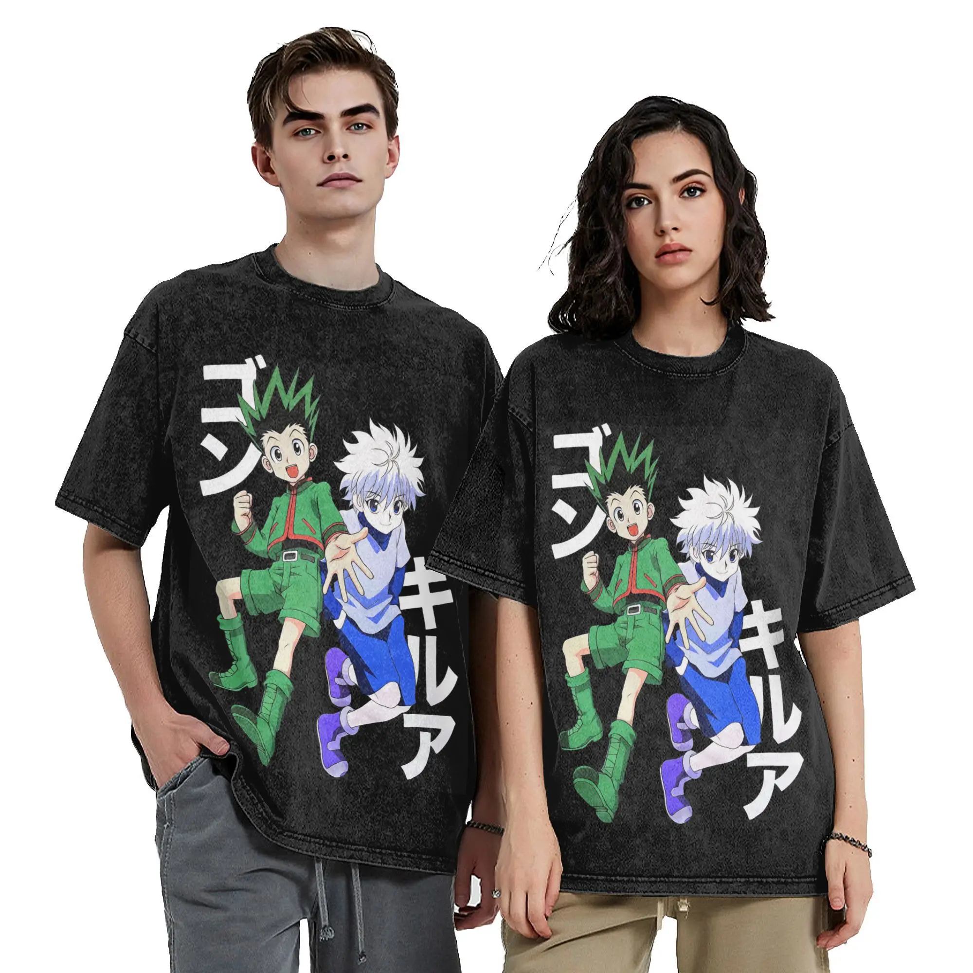 Washed T Shirts HXH Gon Killua Zoldyck Anime Hip Hop Vintage T-Shirt Harajuku Streetwear Hunter X Hunter Tee Shirt Men Women