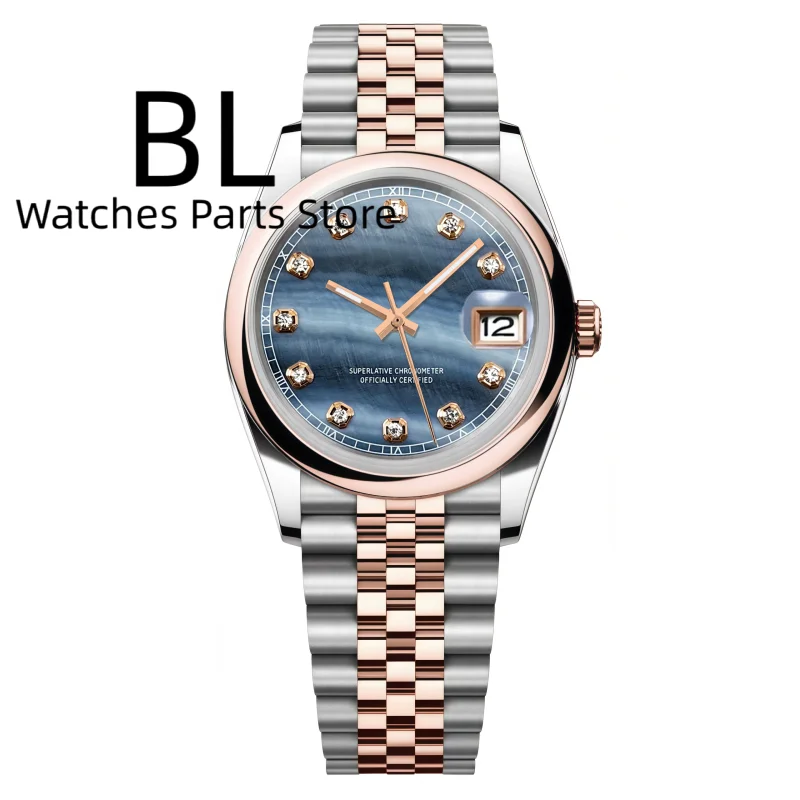 BLIGER Luxury 36mm Lady Watch NH35 Two Tone Rose Case Sapphire Glass Mother Of Pearl Dial Decorat Rose Diamond Index Waterproof