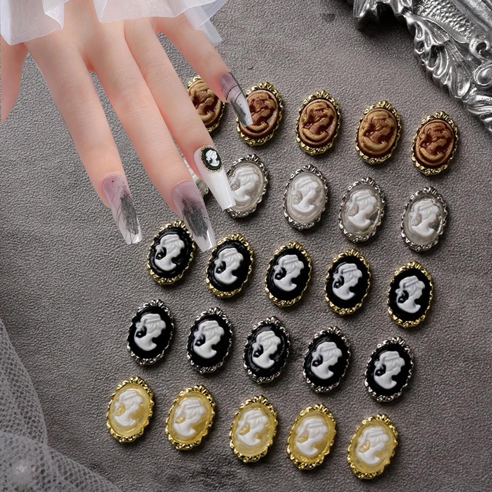 10pcs Baroque Vintage Beauty Head Nail Art Charm 3D Retro Metal Gold Silver Edging Nail Decoration Simple Design Nail Supplies