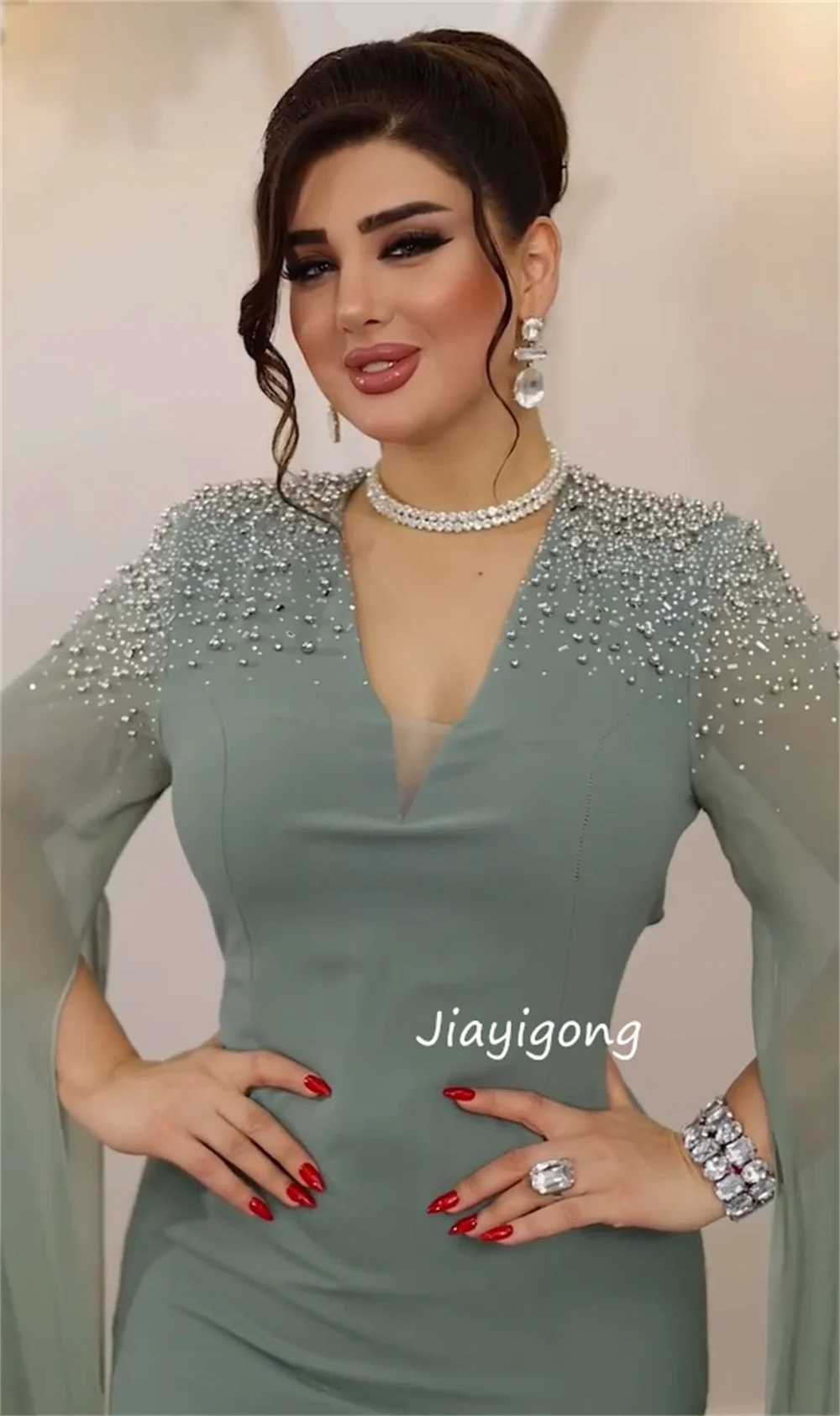 Customized Formal Jersey Sequined Pleat Straight V-neck Long Luxury Party Dresses Chinese Style High Quality