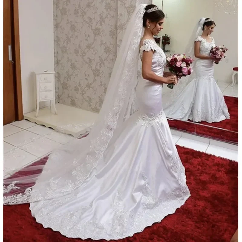 تخصيص كاب SleevesLace يزين حورية البحر فستان الزفاف Vestidos De Novia الساتان خمر فستان الزفاف البلد