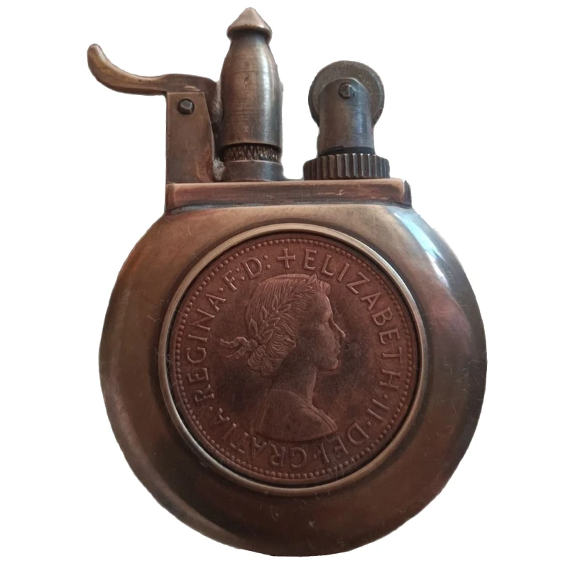 

Handmade Antique Gasoline Lighter Distressed Brass RetroCoin Round Oil Lighter Collection Vintage Isqueiro