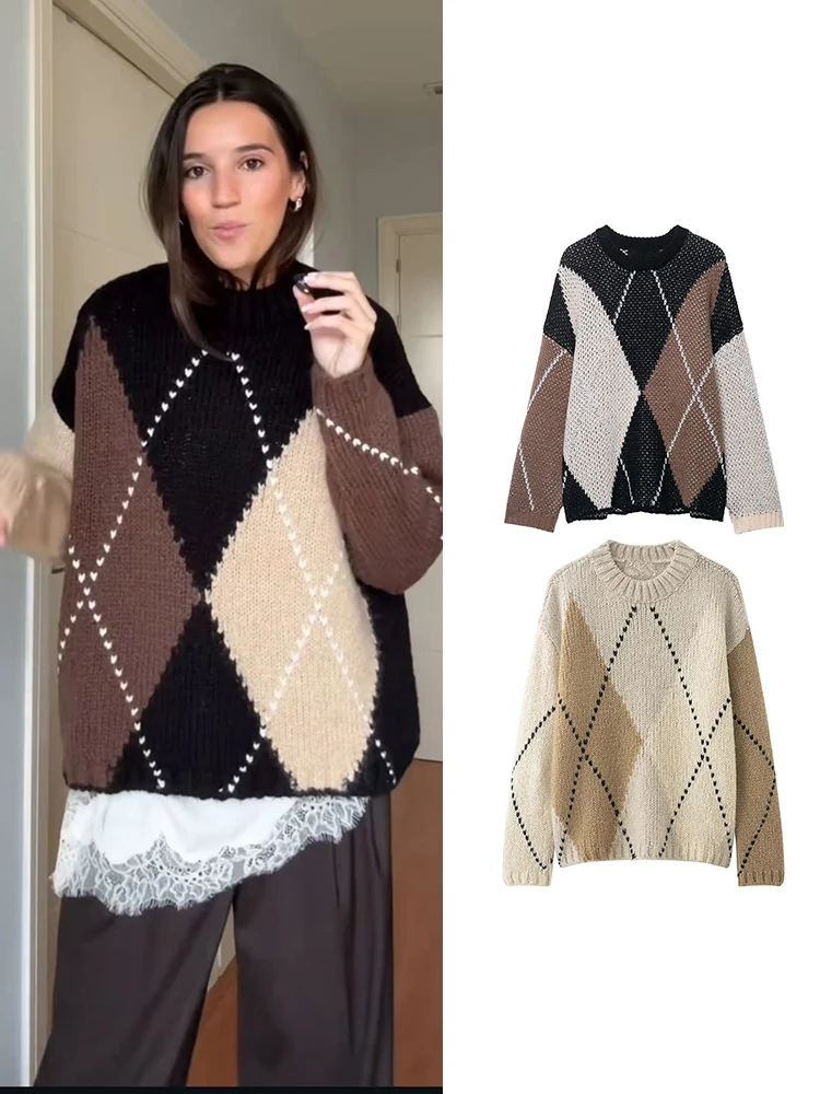   TFMLN Damesmode Argyle Trui Lente Herfst Losse O-hals Trui Gebreide Top Elegante Lange Mouw Plaid Casual Knitwear