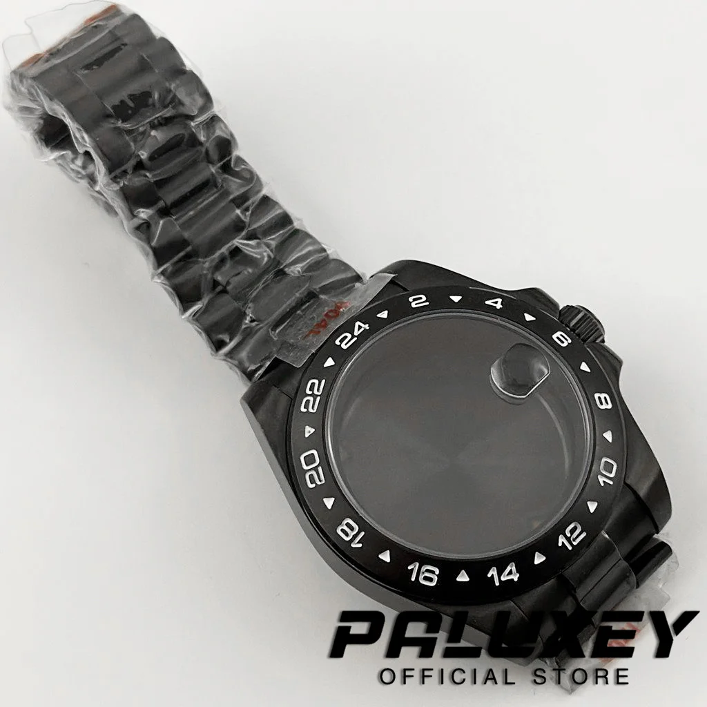 PVD Czarny EXP 24-godzinny 40MM Stała ramka Koperta zegarka Bransoletka ze stali nierdzewnej Szkło szafirowe do mechanizmu NH34 NH35 NH36 ETA2824