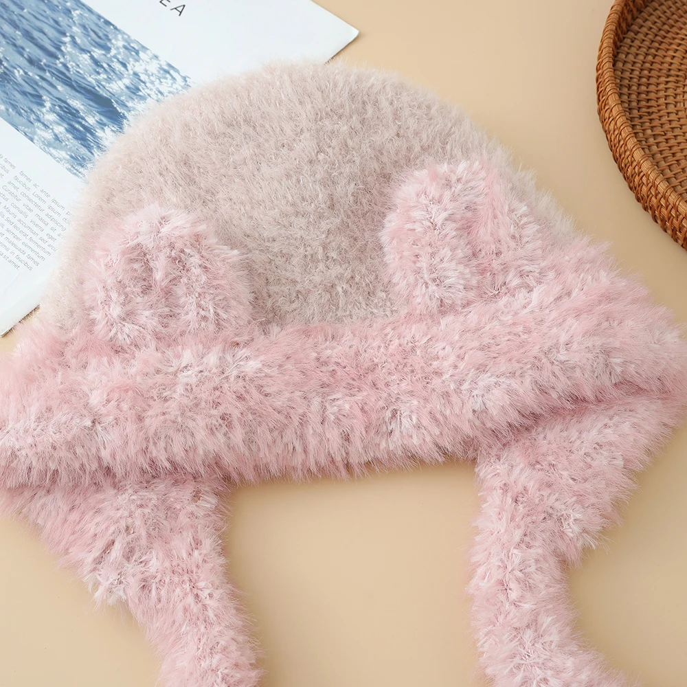 أزياء لطيف الدب آذان الشتاء قبعة الصوفية حماية الأذن بيني القبعات أفخم الباردة واقية قبعة الدراجات للنساء #4