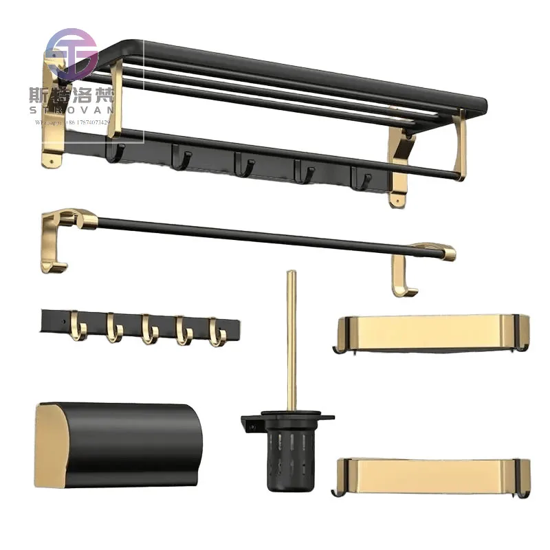 

2025 Luxury Aluminum Folding Towel Rack Washroom Bathroom Accessories Black Gold Bathroom Accessories Set Sanitary Set