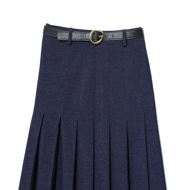 Fall 2025 New Women's Design Sense Denim Pleated  Skirt with Belt mid Waist A-Line Skirt Stand Fit Casual Wear