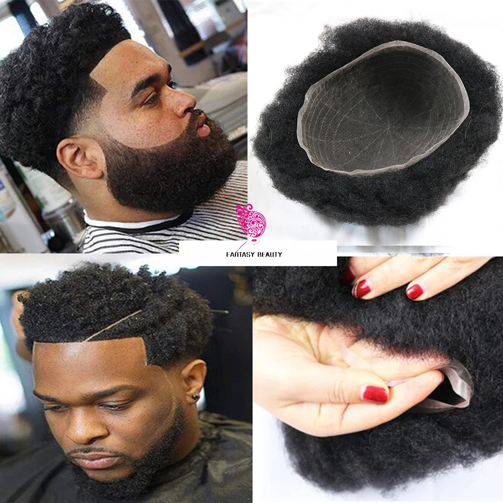 4mm Afro Curly Full Lace Mens Toupee 100% Human Hair Replacement Systems Unit Breathable Prothesis Double Knots Natural Black