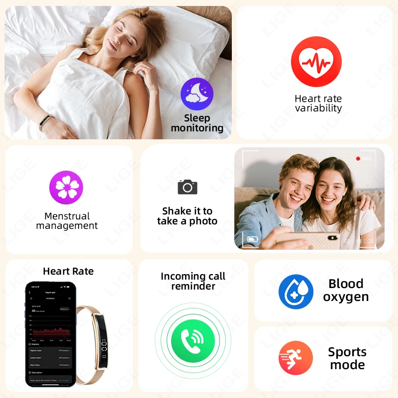 LIGE Smart Bracelet Laris Manis, Pelacak Kebugaran dan Kesehatan, Tahan Air, Pengingat Panggilan dan Pesan, Smartwatch untuk IOS dan Android