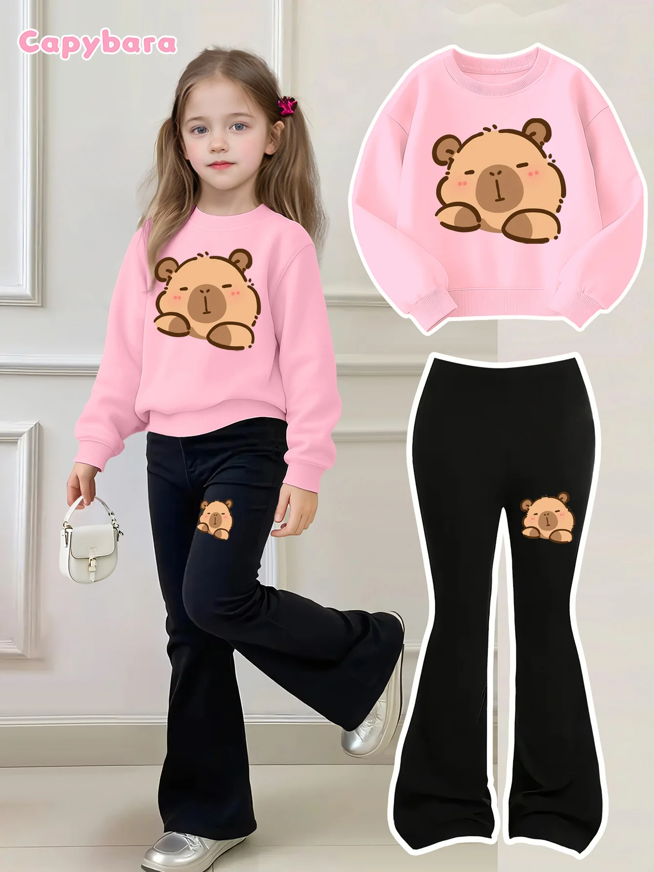 Herbst-Outfit für Mädchen: Langarm-Sweatshirt + Schlaghose, zweiteiliges Set mit Capybara-Print, rosa und rosarote Kleidung, modisch und süß, geeignet für Mädchen im Alter von 4-12 Jahren – Detail 2
