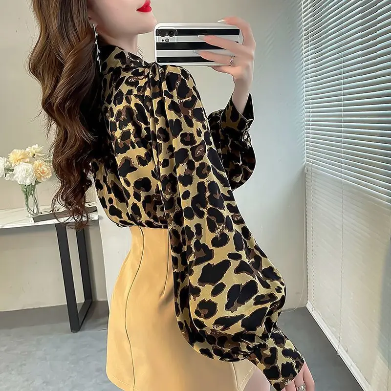 Summer New Women\'s Printed Leopard Polo Neck Shirts Fashion Korean Commute Loose Lantern Sleeve Single-breasted Chiffon Blouses