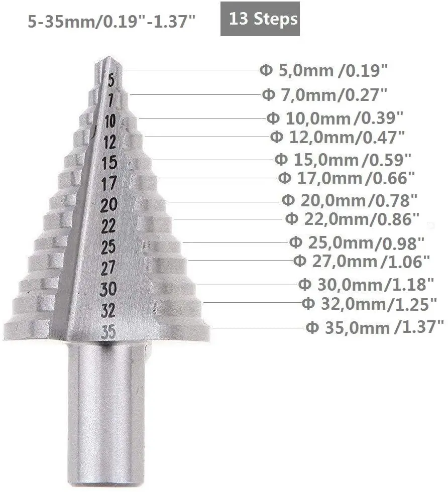 5-35Mm "HSS 13 Bước Nón Bước Mũi Thang Máy Khoan Tròn Chuôi Thẳng Sáo Mũi Khoan Gỗ kim Loại Gỗ Dụng Cụ Cắt