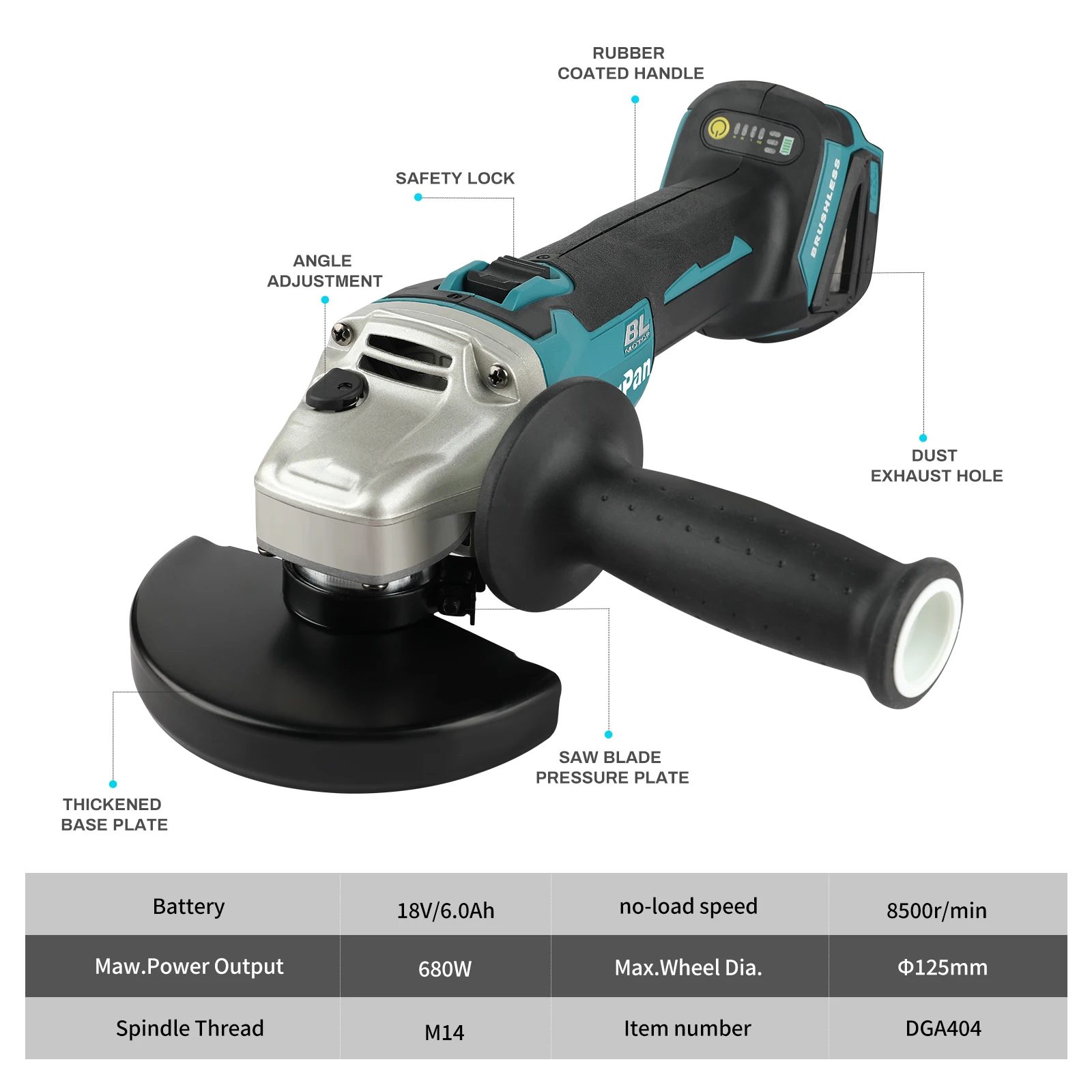 

18V Cordless Brushless Angle Grinder, 125mm Disc, Perfect for Home Grinding, Cutting & Polishing, Bare Tool，For makita Battery