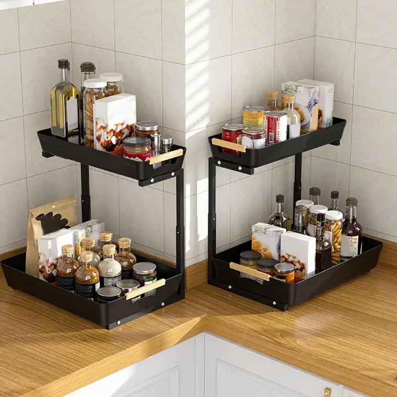 Multi-purpose Pull Out Kitchen Cabinet Organizer Bathroom Storage Basket Adjustable Under Sink Shelf With 2 Layers