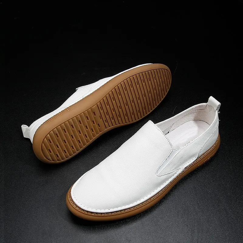 Harajuku Summer White Genuine Leather Mens Loafers Shoes Breathable Slip On Soft Male Casual Flat Sneakers Shoes Calzado Hombre