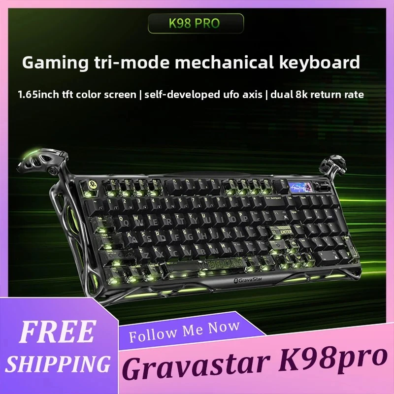 Teclado Mecânico para Jogos Gravastar K98 PRO, Sem Fio, Três Modos, Tela Colorida de 1.65 Polegadas, Conjunto de Teclado e Mouse para Jogos