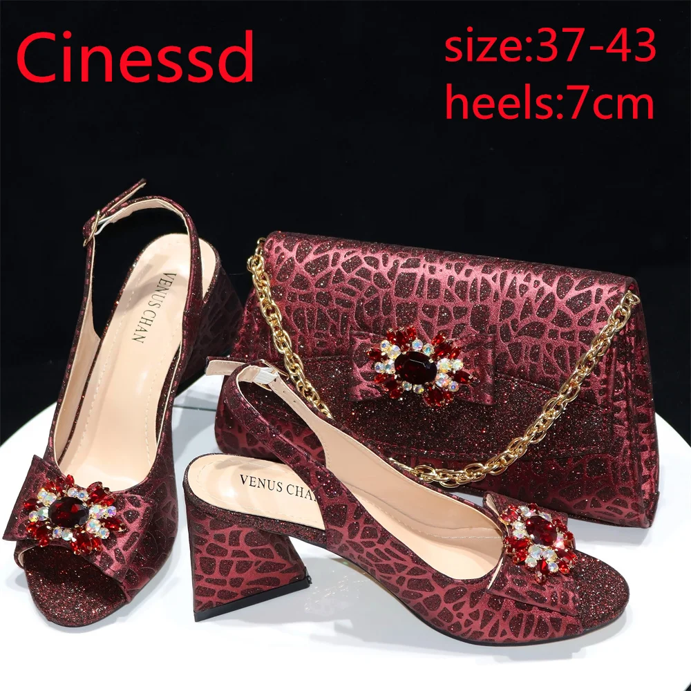 Gold Fashion New Arrivals 2024 Spring Summer Design Italian Women Shoes Matching Bag Set with Shinning Crystal for Party