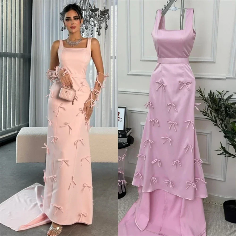 

Customized Saudi Arabia Prom Dress Evening Square Collar Column Ankle Length Bows Skirts Vertically Bespoke Occasion Dresses For