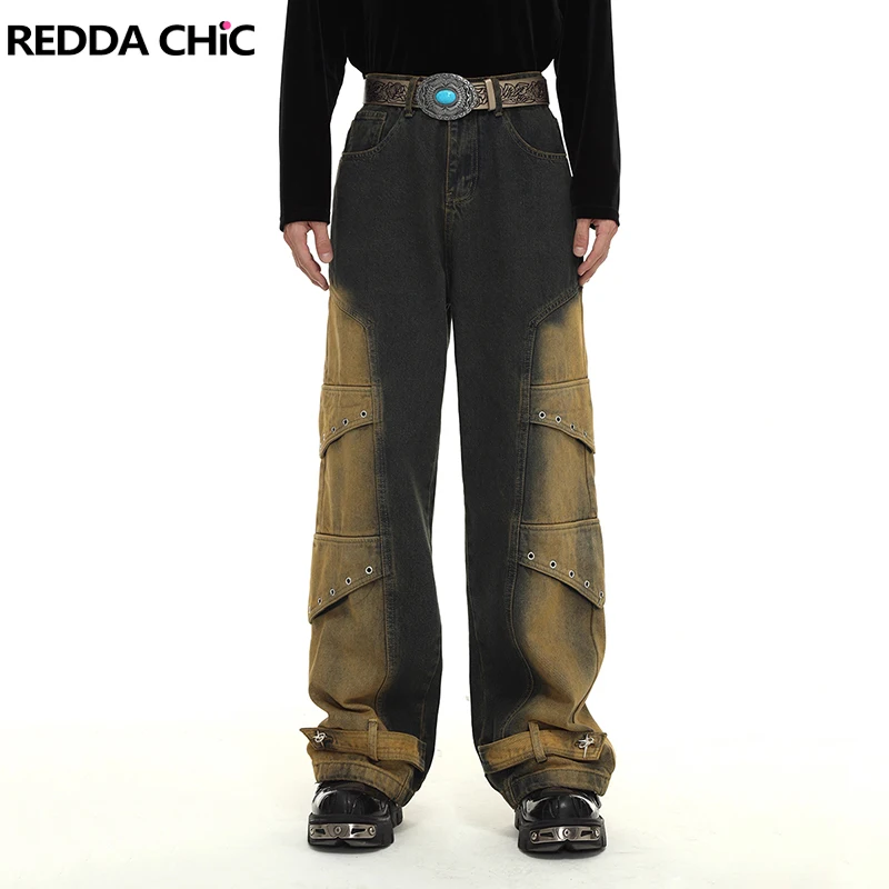 REDDACHiC Hiphop Men Metal Eyelets Baggy Jeans Deconstructed Do Old Ombre Patchwork Wide Leg Pants Vintage Harajuku Streetwear