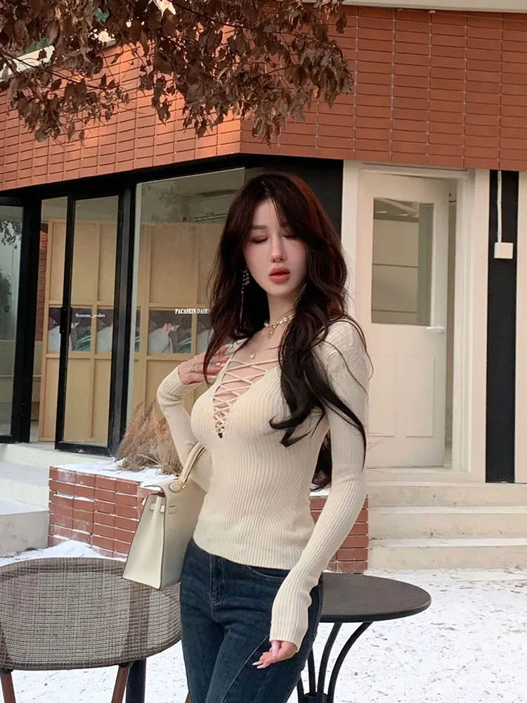 

Женский зимний топ UK Bla Pure Desire, вязаный, облегающий, с вырезами, с V-образным вырезом, модный