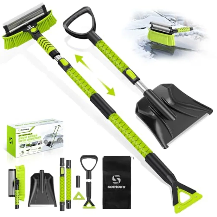 

Upgraded 60'' Snow Brush and Snow Shovel with 2 Ice Scrapers Extendable Snow Brush for Car Windshield with Squeegee 4-in-1 Deta