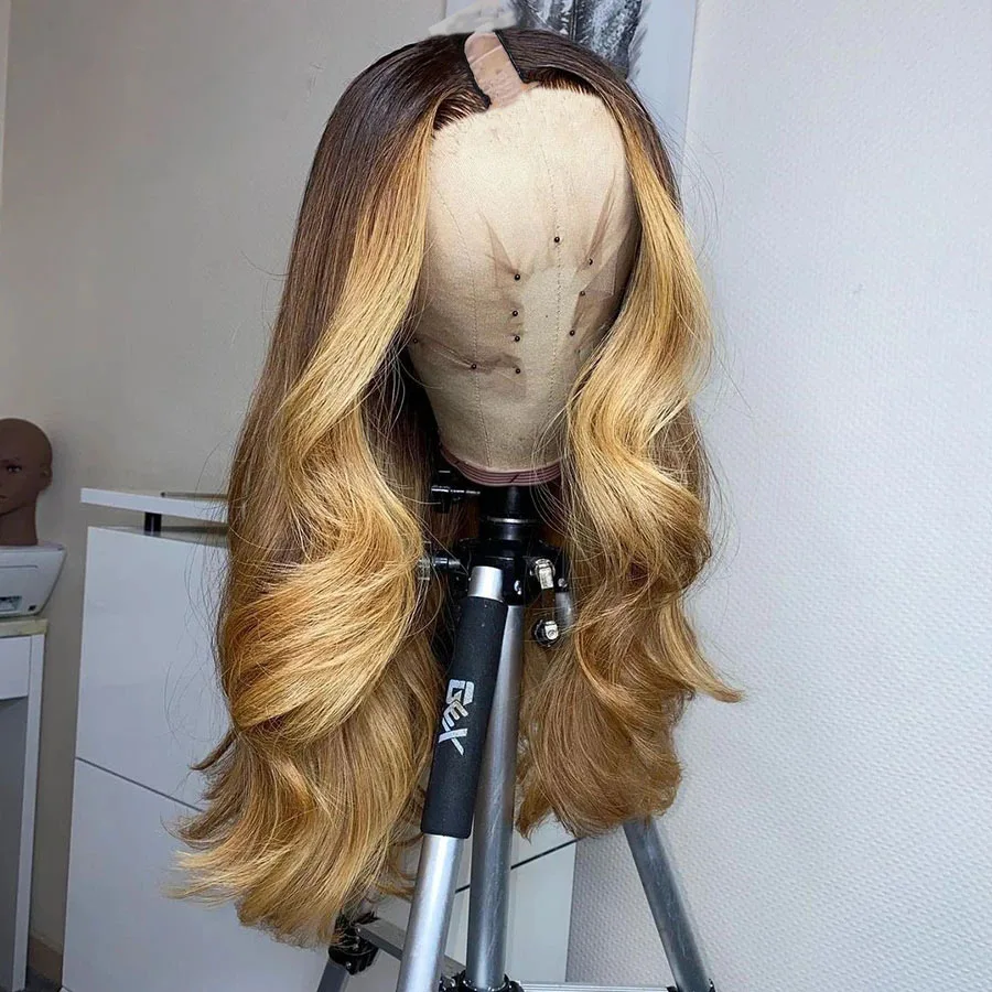 Highlight Honey Golden Blonde Loose Wave V Part Wigs Wavy Dark Brown100% Human Hair Wig Unprocessed Middle Open U Shape Full End